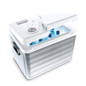 mobicool mq40a portable thermoelectric cooling cooler with classic aluminum trunk look, 53 can capacity, cool down to 30°f below ambient temperature
