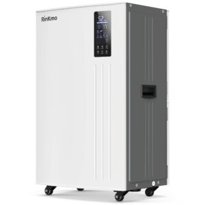 rinkmo 296 pint commercial dehumidifier 37 gallons industrial water damage restoration dehumidifier with water reservoir and drain hose for basements, 5-year warranty