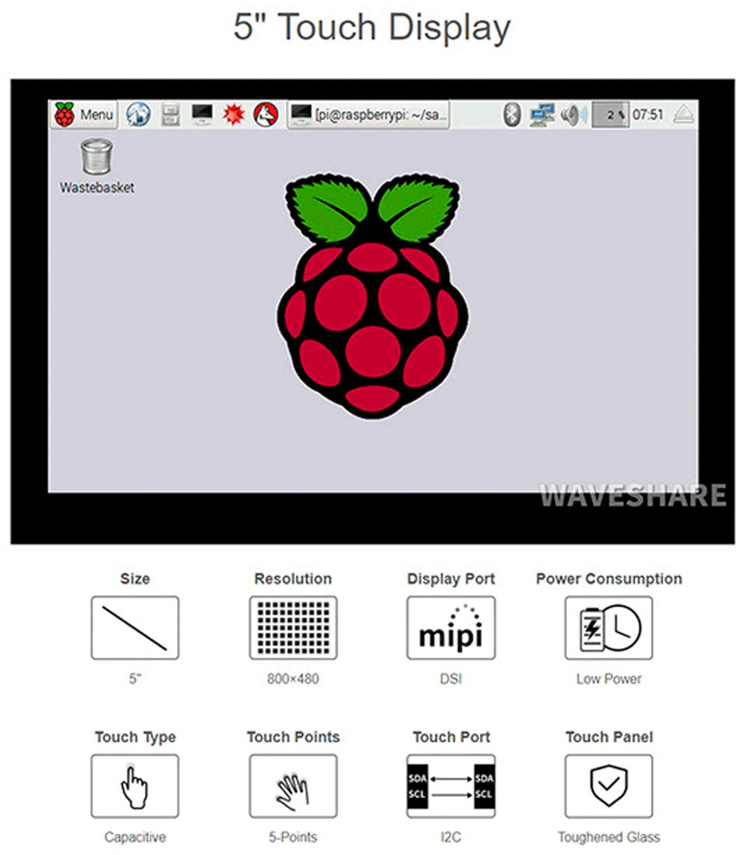 waveshare Compatible with Raspberry Pi Touchscreen 5inch DSI LCD Touch Screen 800×480 Resolution TFT LCD Display Monitor for Raspberry Pi Model 4B/3B+/3A+/3B/2B/B+/A+,CM3/3+