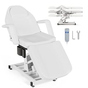 paddie electric height adjustable tattoo spa bed chair, electric lift massage table 3-section folding with storage pocket for client/esthetician/artist, white