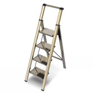gamegem 4 step ladder, folding step stool with anti-slip and wide pedal, gold ladder with handgrip, lightweight aluminum space saving stepladder for home and kitchen, 330 lbs capacity
