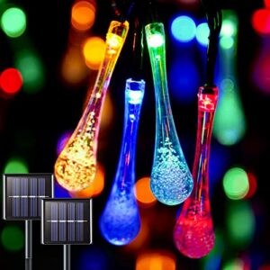 suddus 2 pack 30 led solar string lights outdoor waterproof, water drop solar lights with 8 modes, solar party lights outdoor