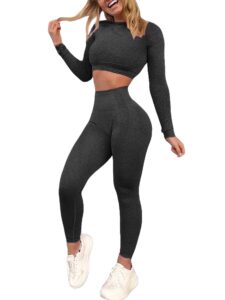 yofit women 2 piece outfits leggings+long sleeve crop tops yoga set compression skinny tights gym fitness pants exercise outfits