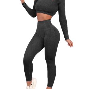 YOFIT Women 2 Piece Outfits Leggings+Long Sleeve Crop Tops Yoga Set Compression Skinny Tights Gym Fitness Pants Exercise Outfits