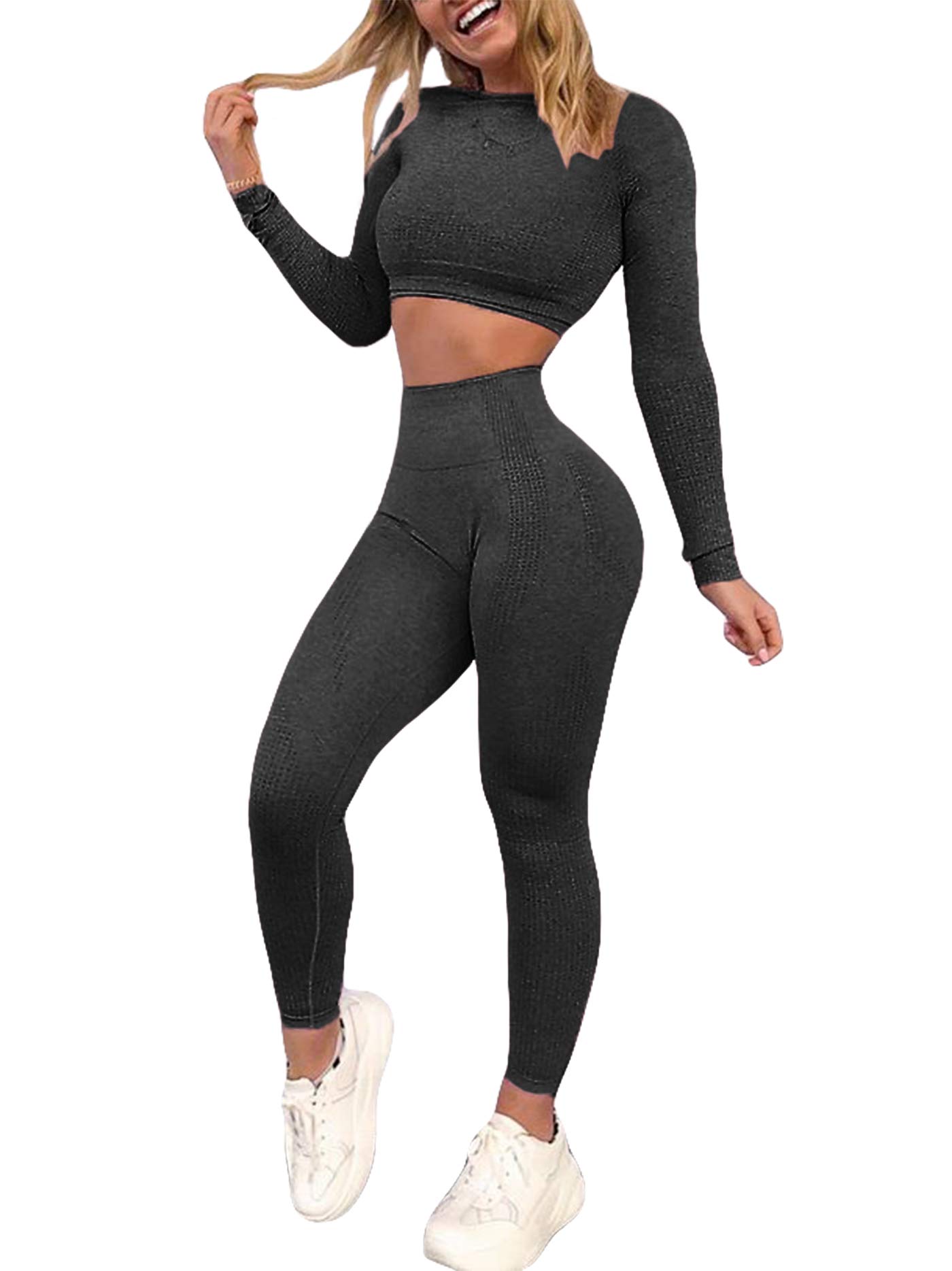 YOFIT Women 2 Piece Outfits Leggings+Long Sleeve Crop Tops Yoga Set Compression Skinny Tights Gym Fitness Pants Exercise Outfits