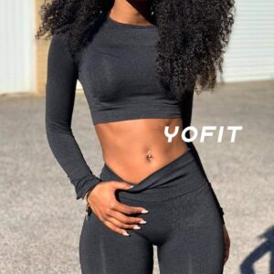 YOFIT Women 2 Piece Outfits Leggings+Long Sleeve Crop Tops Yoga Set Compression Skinny Tights Gym Fitness Pants Exercise Outfits