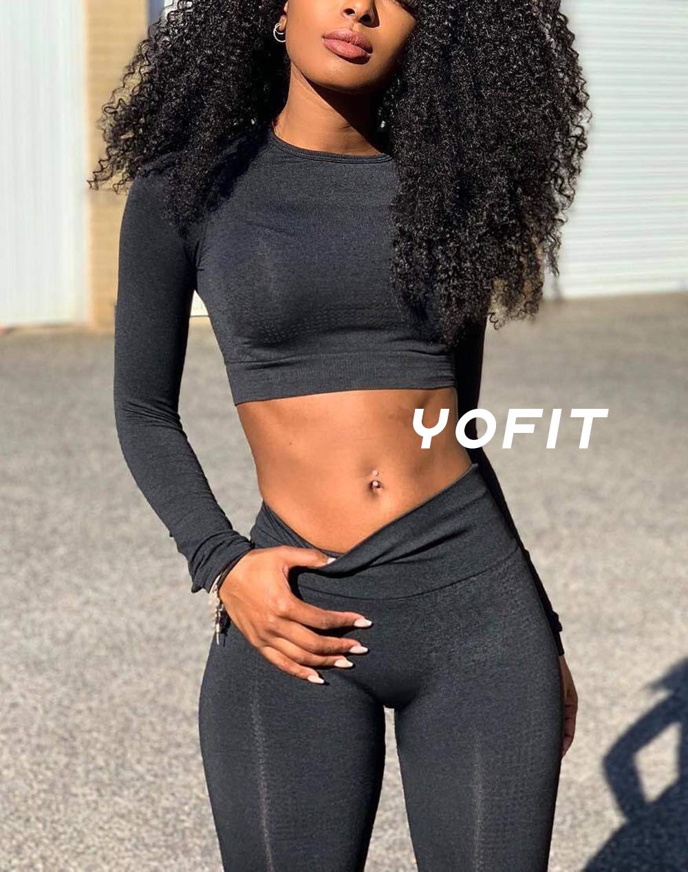 YOFIT Women 2 Piece Outfits Leggings+Long Sleeve Crop Tops Yoga Set Compression Skinny Tights Gym Fitness Pants Exercise Outfits