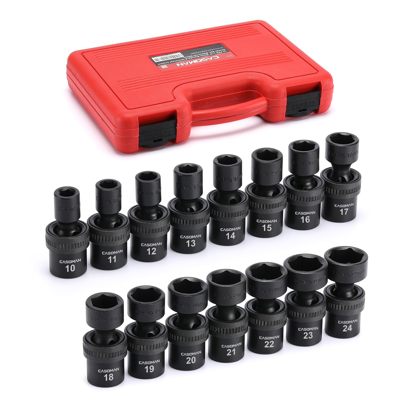 CASOMAN 15 PCS 1/2" Drive Standard Universal Impact Socket Set, 6 Point, Metric,10-24mm