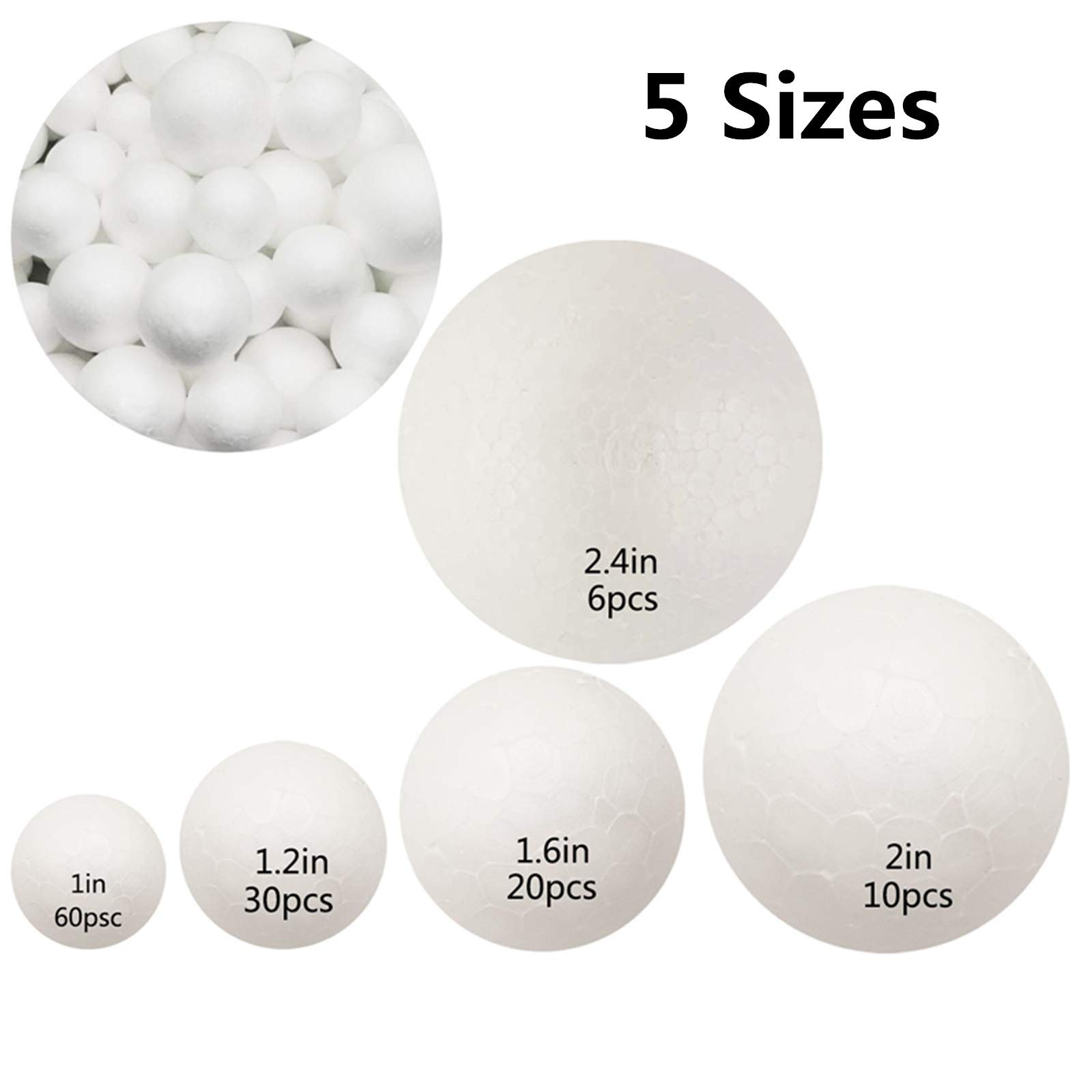 126 Pack Craft Foam Balls, 5 Sizes Including 1-2.4 Inches, White Polystyrene Smooth Round Balls, Foam Balls for Arts and Crafts, DIY Craft for Home, Supplies School Craft Project and Holiday Party