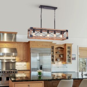 Bribyit Farmhouse Kitchen Island Lighting, 5-Light Dining Room Light Fixture, Farmhouse Linear Chandelier with Solid Wood for Dining Room Kitchen Bar Pool Table