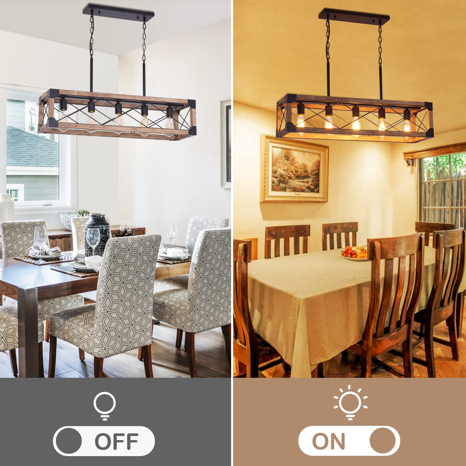 Bribyit Farmhouse Kitchen Island Lighting, 5-Light Dining Room Light Fixture, Farmhouse Linear Chandelier with Solid Wood for Dining Room Kitchen Bar Pool Table