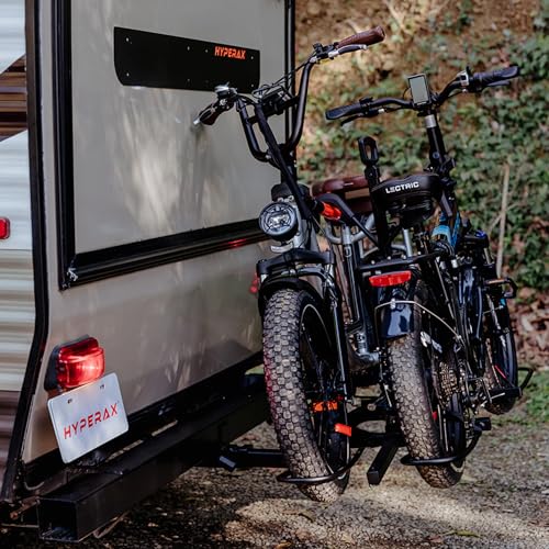 HYPERAX Volt RV -Approved Hitch Mounted 2 E Bike Rack Carrier for RV,Camper,Motorhome,Trailer,Toad with 2" Class 3 or Higher Hitch Receivers -Fits Up to 2X 70lbs E Bikes with Up to 5" Fat Tires