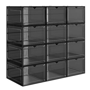 songmics shoe boxes, clear shoe organizers, set of 12, plastic shoe storage with clear door, easy assembly, up to us size 12, black ulsp032b12