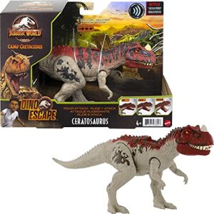 mattel jurassic world camp cretaceous roar attack ceratosaurus dinosaur action figure toy with strike feature and sounds