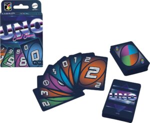 mattel games uno iconic series 1980s matching card game featuring decade-themed design, 112 cards for collectors, teen & adult game night, ages 7 years & older.