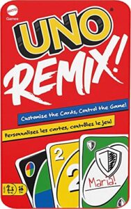 mattel games uno remix card game for family night with customizable options & write-on cards in storage tin for 3-6 players