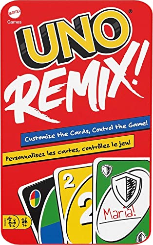 Mattel Games UNO Remix Card Game for Family Night with Customizable Options & Write-On Cards in Storage Tin for 3-6 Players