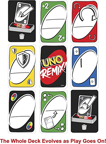 Mattel Games UNO Remix Card Game for Family Night with Customizable Options & Write-On Cards in Storage Tin for 3-6 Players