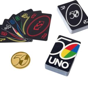 Mattel Games UNO Premium 50th Anniversary Edition Matching Card Game Featuring Commemorative Coin & 112 Cards, Game Night, Kids & Collectors Gift Ages 7 Years & Older.