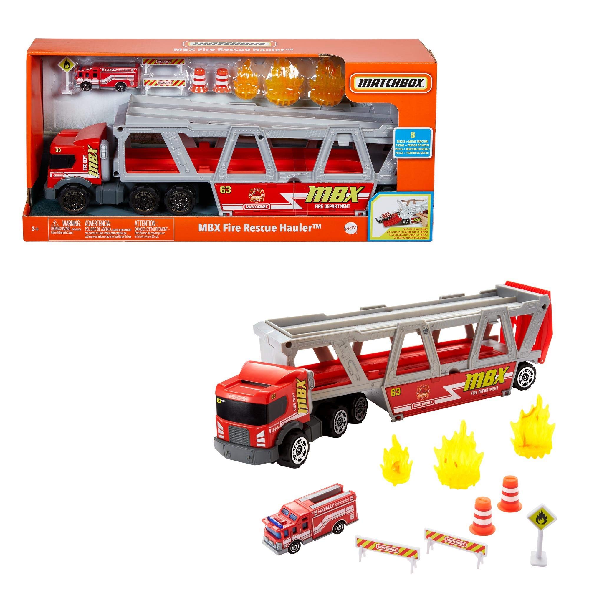 Matchbox Fire Rescue Hauler Playset Themed Hauler with 1 Fire-Themed Vehicle, Holds 16 Cars, Easy-Release Ramp, 8 Accessories & Storage, for Kids 3 Years Old & Up