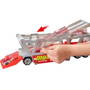 Matchbox Fire Rescue Hauler Playset Themed Hauler with 1 Fire-Themed Vehicle, Holds 16 Cars, Easy-Release Ramp, 8 Accessories & Storage, for Kids 3 Years Old & Up