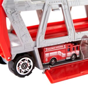 Matchbox Fire Rescue Hauler Playset Themed Hauler with 1 Fire-Themed Vehicle, Holds 16 Cars, Easy-Release Ramp, 8 Accessories & Storage, for Kids 3 Years Old & Up