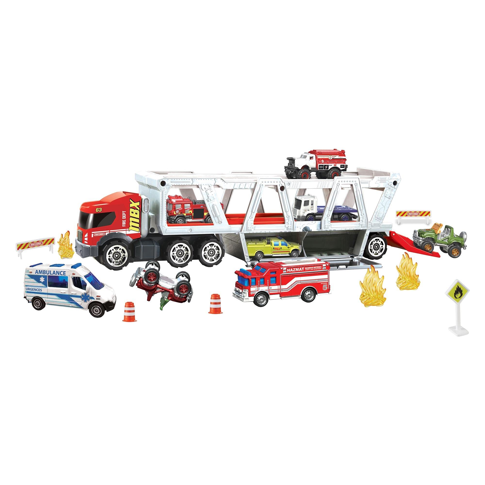 Matchbox Fire Rescue Hauler Playset Themed Hauler with 1 Fire-Themed Vehicle, Holds 16 Cars, Easy-Release Ramp, 8 Accessories & Storage, for Kids 3 Years Old & Up