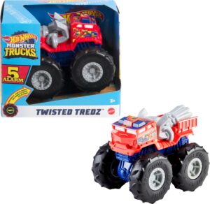 hot wheels monster trucks twisted tredz vehicles, creature-themed 1:43 scale toy truck with pull-back motor & giant wheels, gift for kids ages 3 years old & up