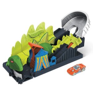 hot wheels dino coaster attack playset with roller coaster, stegosaurus dinosaur challenge & one 1:64 scale vehicle for kids 4 to 8 years old, connects to other sets