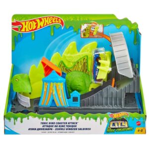 Hot Wheels Dino Coaster Attack Playset with Roller Coaster, Stegosaurus Dinosaur Challenge & One 1:64 Scale Vehicle for Kids 4 to 8 Years Old, Connects to Other Sets