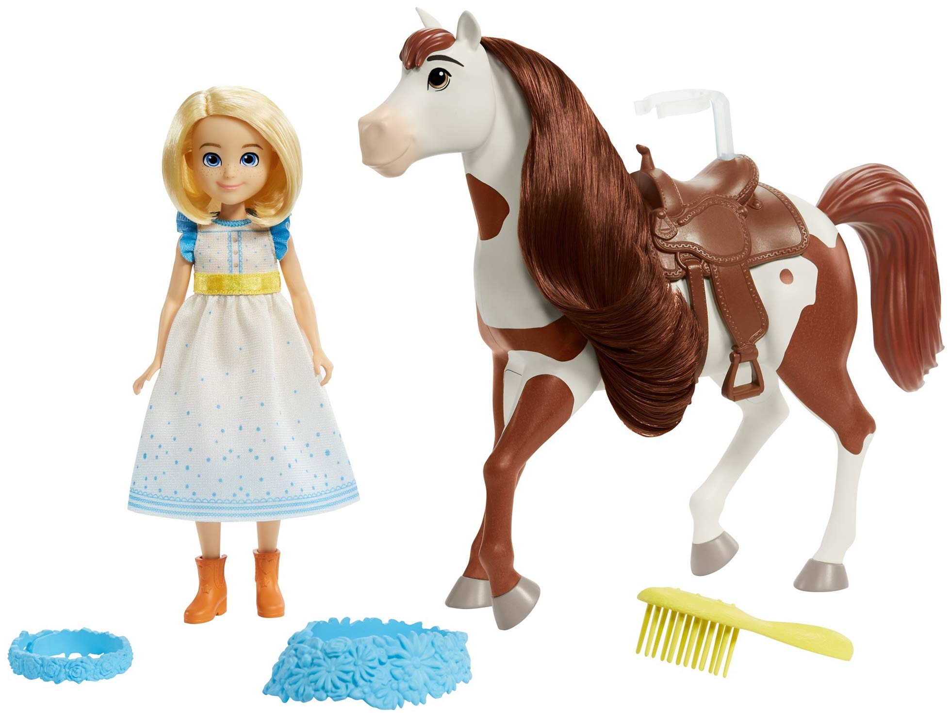 Mattel Spirit Untamed Miradero Festival Abigail Doll (7-in) with Dress, Floral Crown & Boomerang Horse (8-in), Floral Garland, Saddle & Brush, Great Gift for Ages 3 Years Old & Up