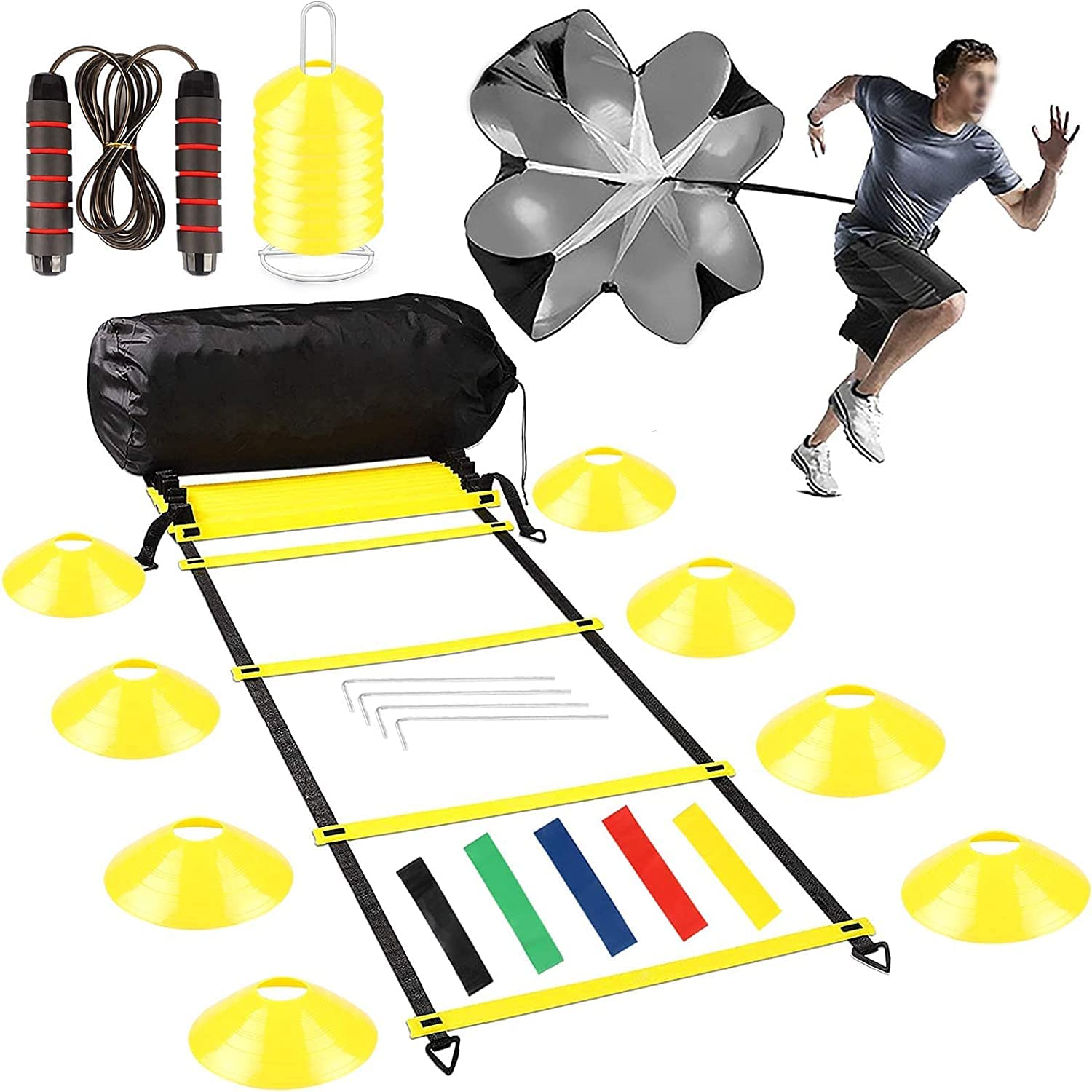 Speed Training Equipment for Soccer Agility Ladder with16 Rung, Resistance Parachute, Jump Rope, 5 Sports Bands,16 Cones Workout Ladder for Ground Increase Football Fitness Feet Speed & Footwork-26Ft