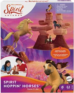 mattel games spirit untamed hoppin’ horses kids game horse launcher game with mountain tower, mini horse playing pieces for 2, 3, or 4 players, 5 years old & up