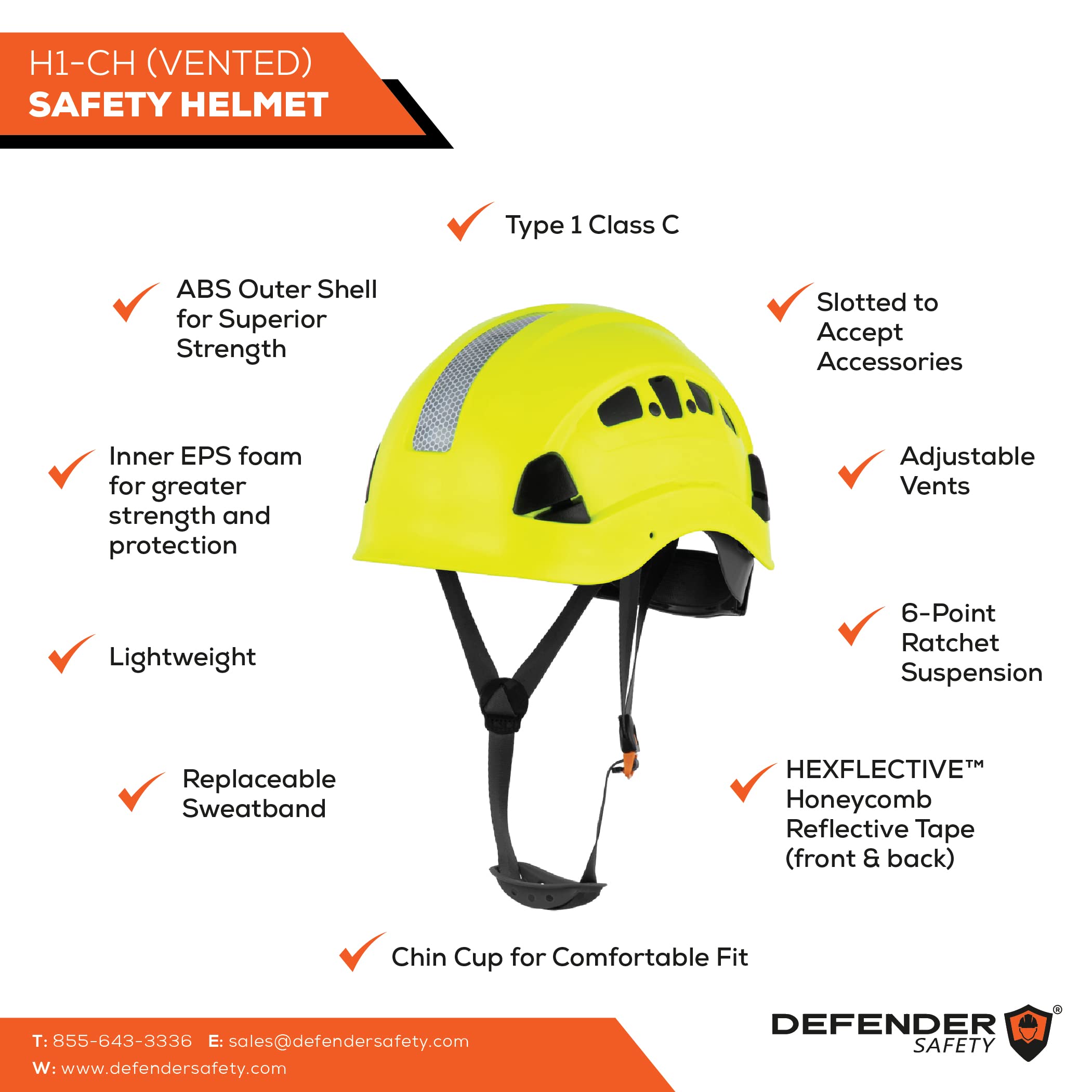Defender Safety H1-CH Safety Helmet Hard Hat with Visor ANSI Z89.1 (Safety Yellow/w Visor)