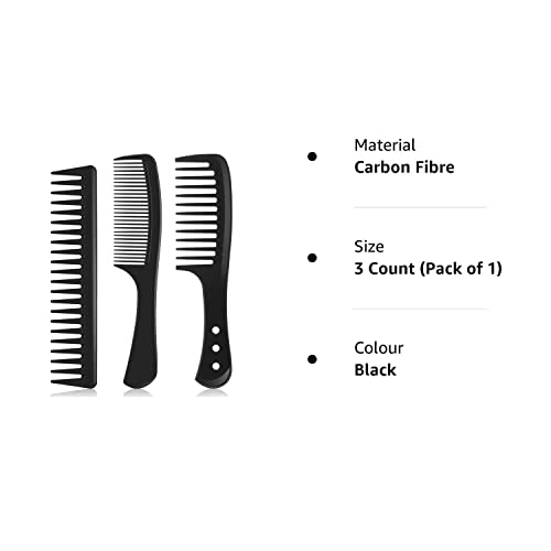 Wide Tooth Detangling Hair Comb Hair Styling Comb Set, Carbon Fiber Styling Cutting Comb Anti Static Heat Resistant Comb for Women Curly Straight Long Hair, Black, 3 pieces