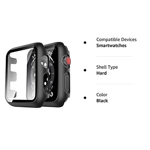 TAURI 2 Pack Hard Case Compatible for Apple Watch Series 3/2/1 42mm Built-in 9H Tempered Glass Screen Protector Slim Bumper Touch Sensitive Full Protective Cover Compatible for iWatch 42mm - Black