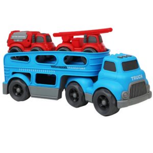 iq toys car carrier toy - truck carrier with firetrucks for boys - toddler car toys transporter truck car hauler play set - kids toy vehicle, blue