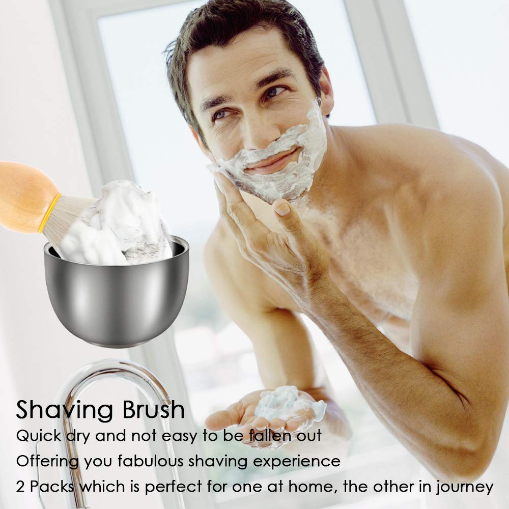 Set of 3, Shave Brush and Shaving Soap Bowl, DaKuan 2 Pcs Wooden Handle Shaving Brushes and Stainless Steel Shaving Mug for Professional Hair Salon Tool