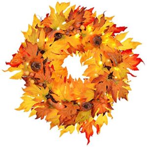 mortime thanksgiving wreath with led lights pumpkin pinecones red berries maple leaves, 17" harvest day themed hanging silk fall door wreath welcome sign for garden gate home thanksgiving decorations