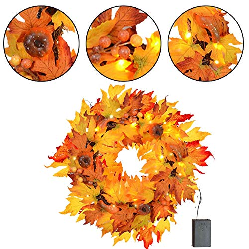 MorTime Thanksgiving Wreath with LED Lights Pumpkin Pinecones Red Berries Maple Leaves, 17" Harvest Day Themed Hanging Silk Fall Door Wreath Welcome Sign for Garden Gate Home Thanksgiving Decorations