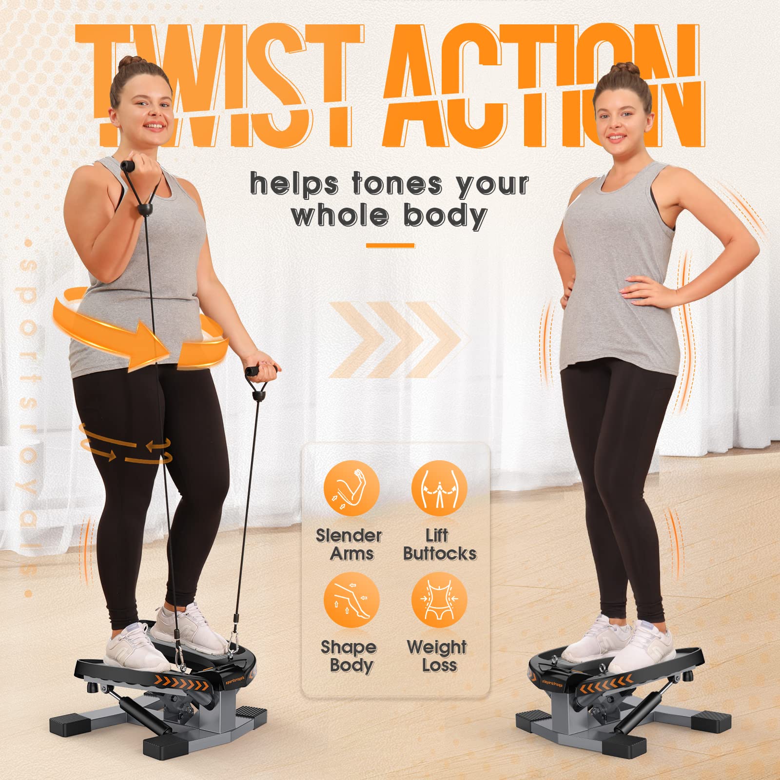 Sportsroyals Stair Stepper for Exercises-Twist Stepper with Resistance Bands and 330lbs Weight Capacity