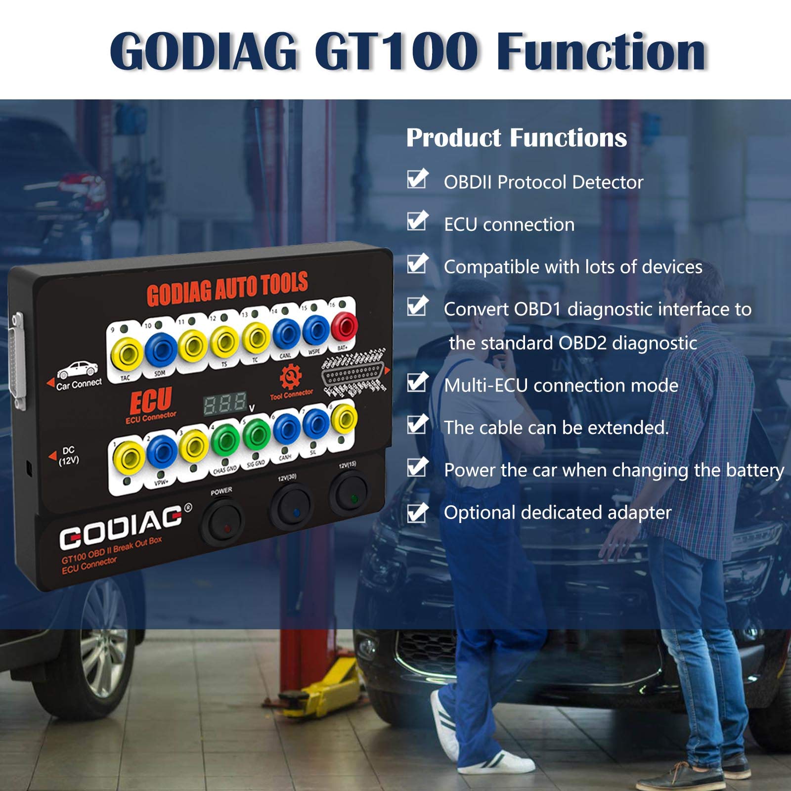 GODIAG GT100 Automotive Tools OBD II Breakout Box ECU Connector with OBD Main Line & Multi-Function Jumper for Check Engine, Support LED Indicator and Lookup