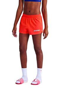 champion women's 3.5" practice short (retired colors), poppy orange block drop shadow script, xx-large