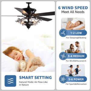 Moooni 50 Inch Reversible Crystal Ceiling Fan with Lights, Vintage Chandelier Fan Light KIt Black Fandelier for Bedroom Living Room