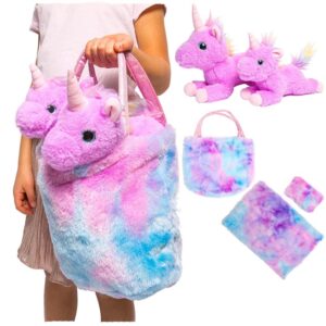 mommy & baby unicorn gift for girls 4 - 5 - 6 - 7 yrs - stuffed animal set w/ 2 purple plush toys - rainbow purse bag, doll pillow, blanket, & birth certificate plushies for birthday (purple tie dye)