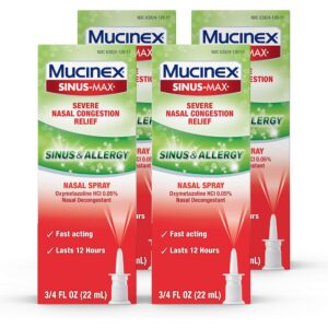 mucinex sinus-max nasal spray for sinus & allergy, fast-acting & fragrance free, 12 hour severe nasal congestion relief, 0.75 fl oz (pack of 4)