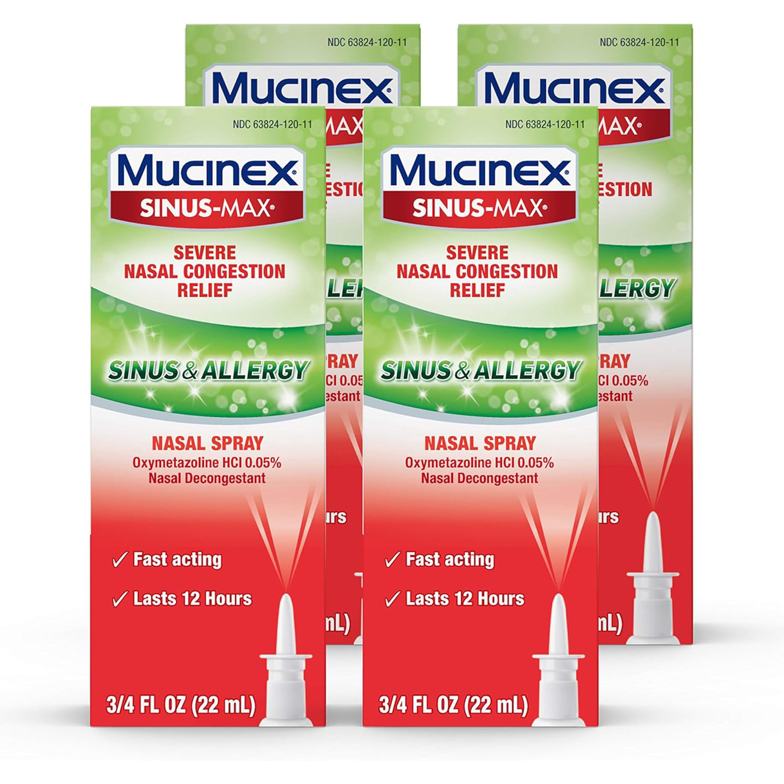 Mucinex Sinus-Max Nasal Spray for Sinus & Allergy, Fast-Acting & Fragrance Free, 12 Hour Severe Nasal Congestion Relief, 0.75 Fl Oz (Pack of 4)