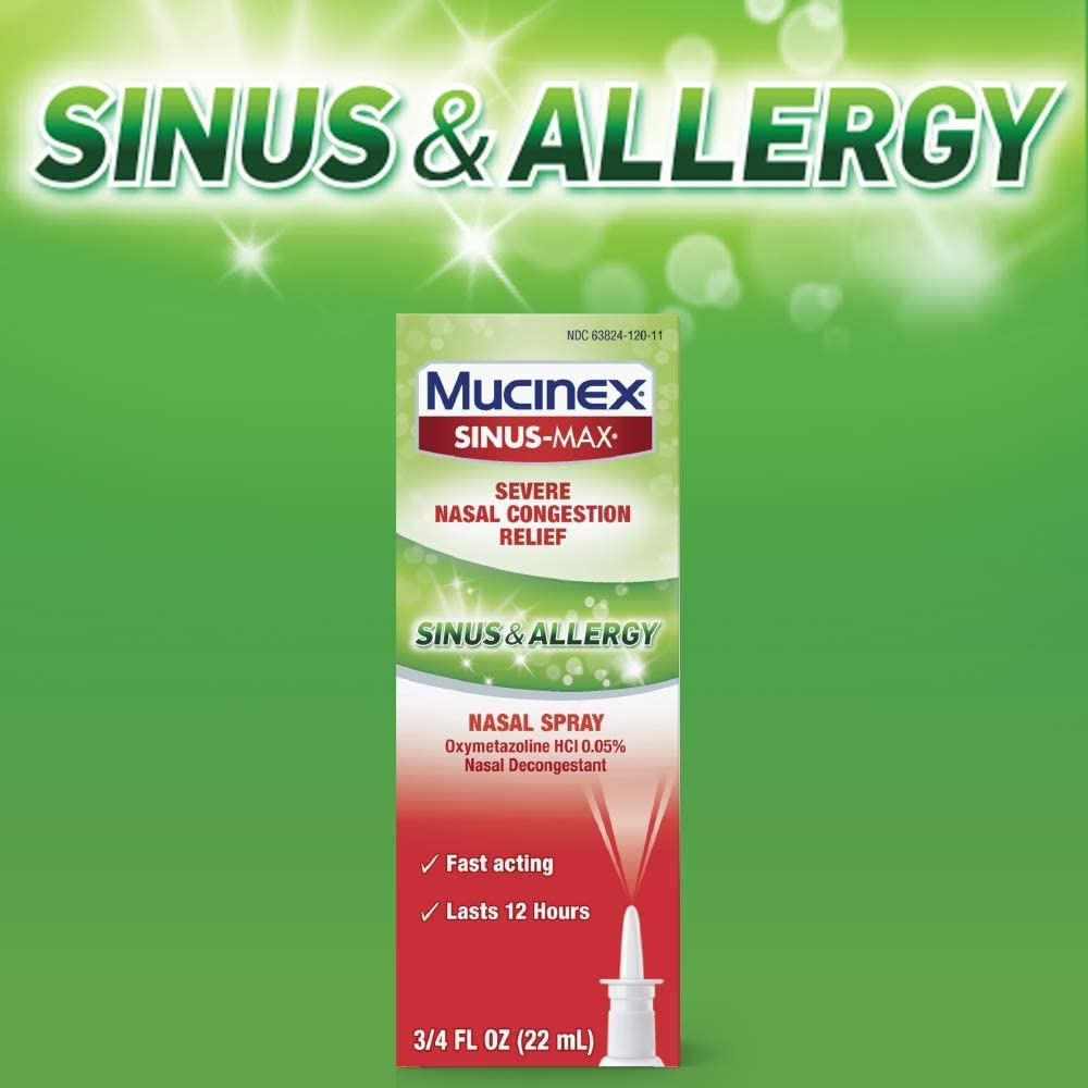 Mucinex Sinus-Max Nasal Spray for Sinus & Allergy, Fast-Acting & Fragrance Free, 12 Hour Severe Nasal Congestion Relief, 0.75 Fl Oz (Pack of 4)