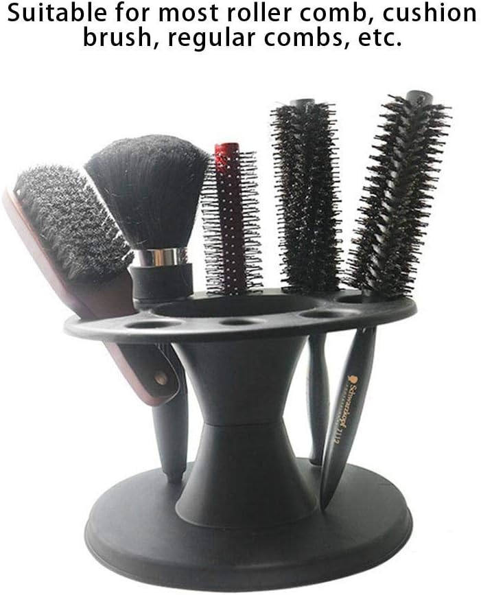 HURRISE Hair Brush Holder Stand,Plastic Round Hair Brush Comb Holder Display Rack Hair Styling Brush Stand Shelf Accessories(Black)