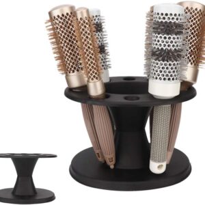 HURRISE Hair Brush Holder Stand,Plastic Round Hair Brush Comb Holder Display Rack Hair Styling Brush Stand Shelf Accessories(Black)